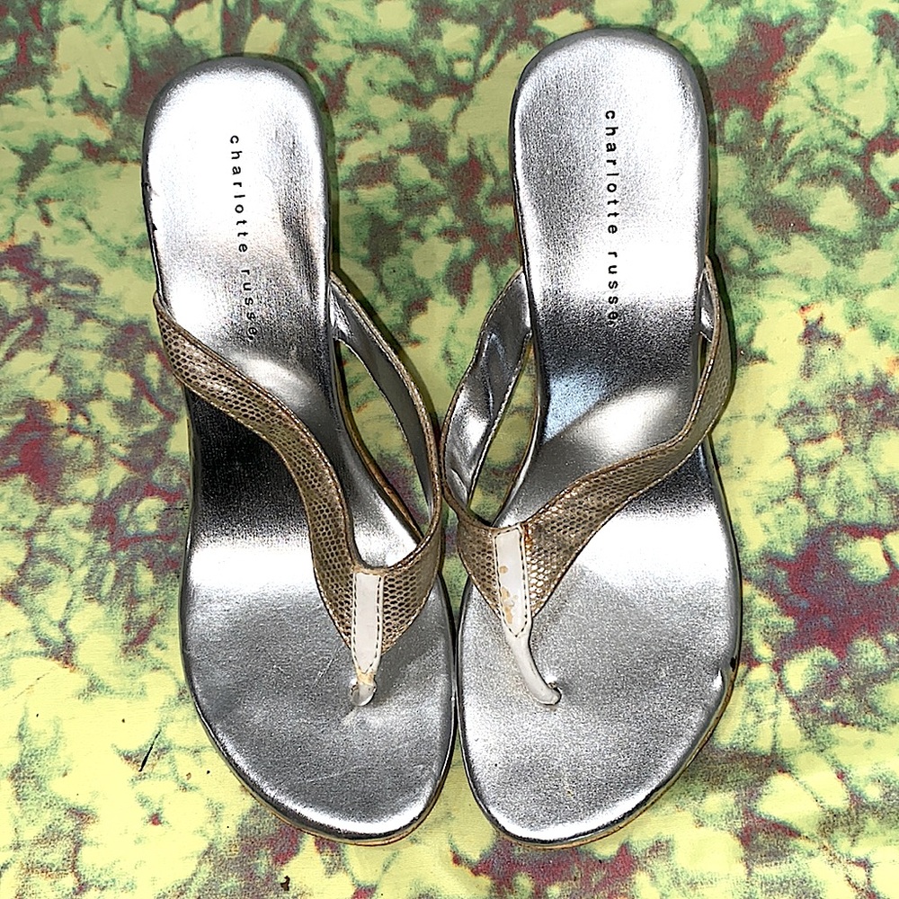 CHARLOTTE RUSSE SILVER WEDGES SZ 8 1/2”